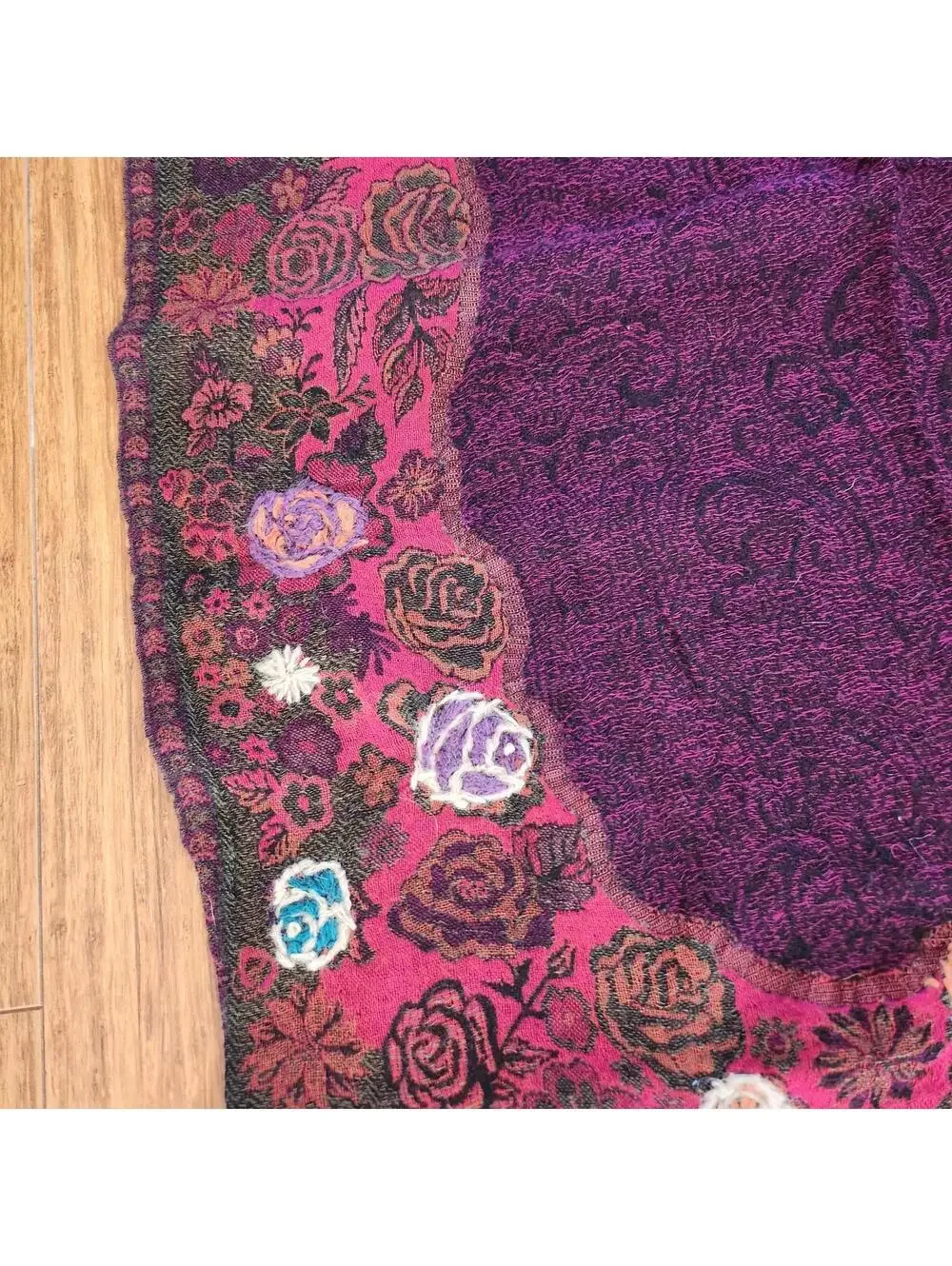 Cozy Floral Embroidered Purple Wool Scarf with Fringe